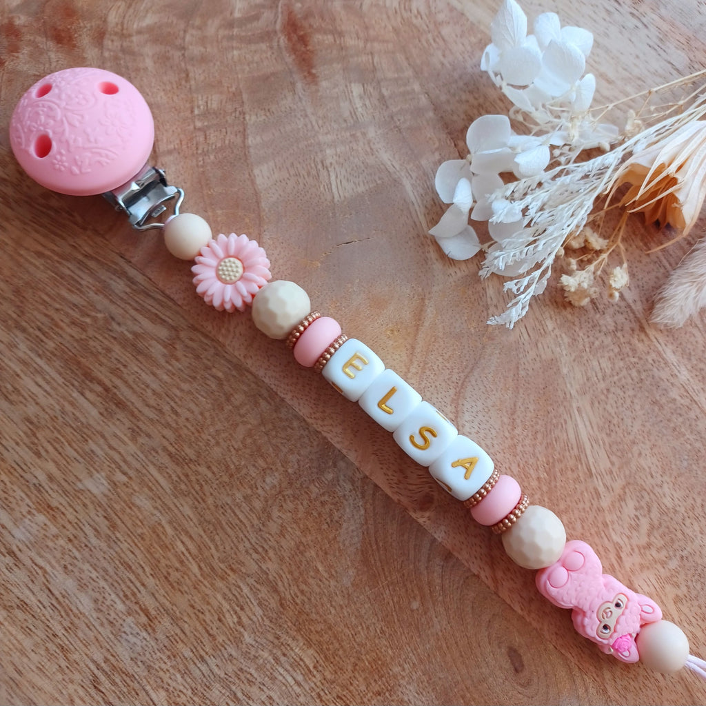 Attache tétine silicone, beige-rose. Elsa