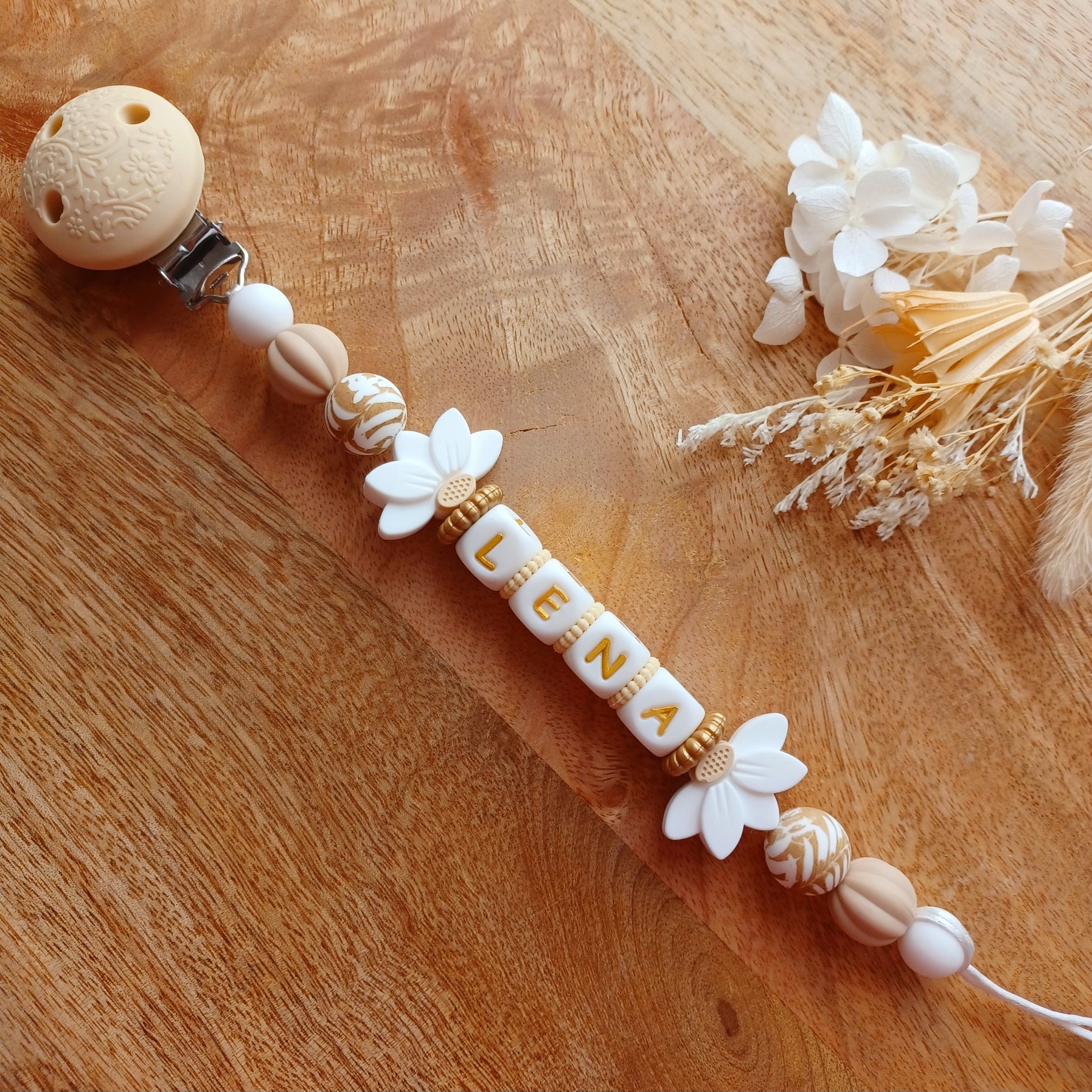 Attache tétine silicone, lotus, caramel