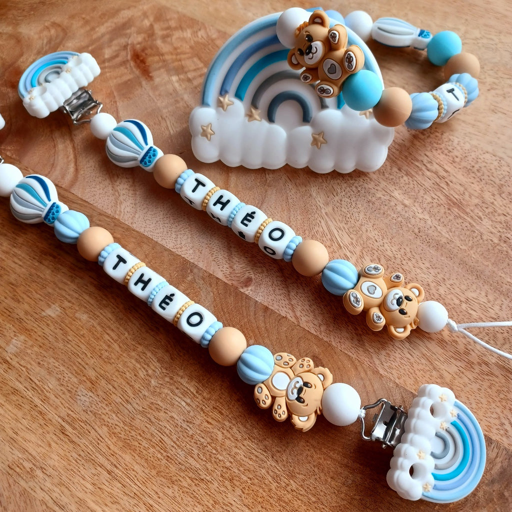 Attache tétine silicone, Arc-en-ciel, ourson beige, bleu ciel, beige. Théo