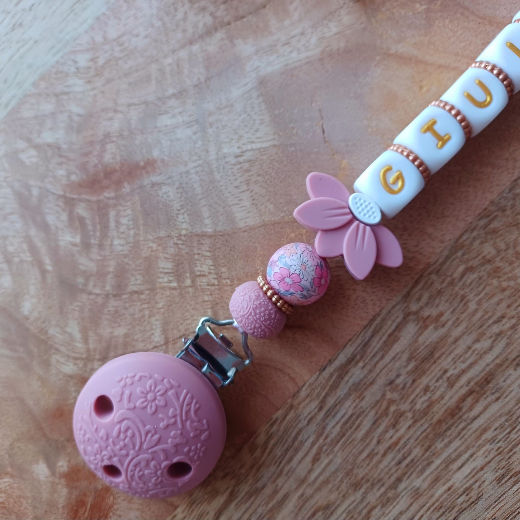 Attache tétine silicone, Arc-en-ciel, fleur rose-blanc.