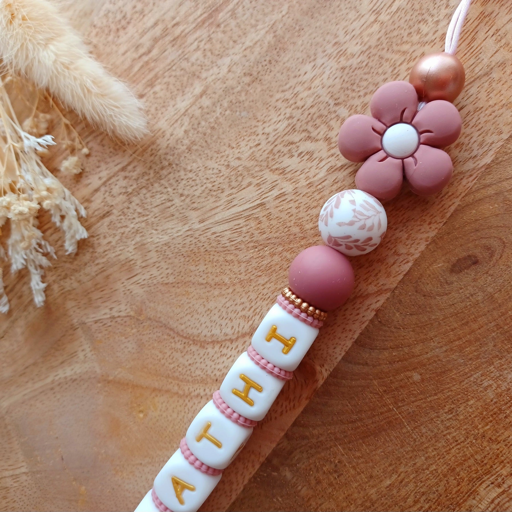Attache tétine silicone, Fleur vieux rose.