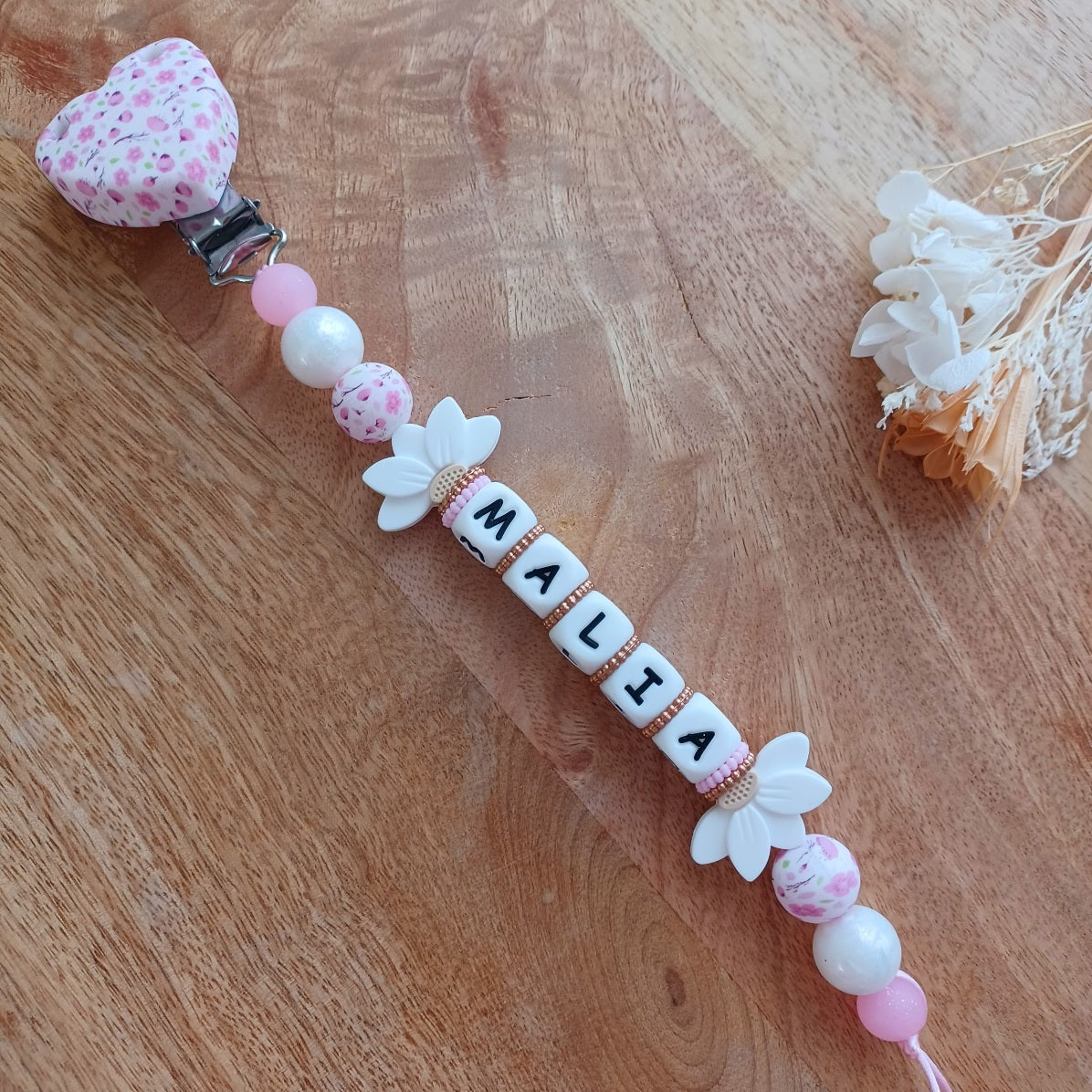 Attache tétine silicone perles imprimées, cadeau naissance, Lotus Rose nacré-Blanc