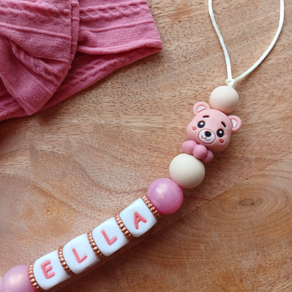 Attache-Tétine Personnalisée Prénom Bébé Rose avec Ourson en Silicone. Ella