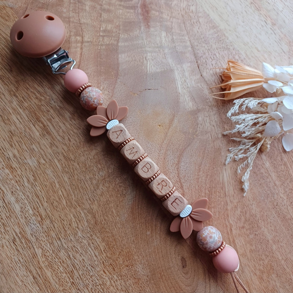 Attache tétine silicone, choco, Fleurs Liberty