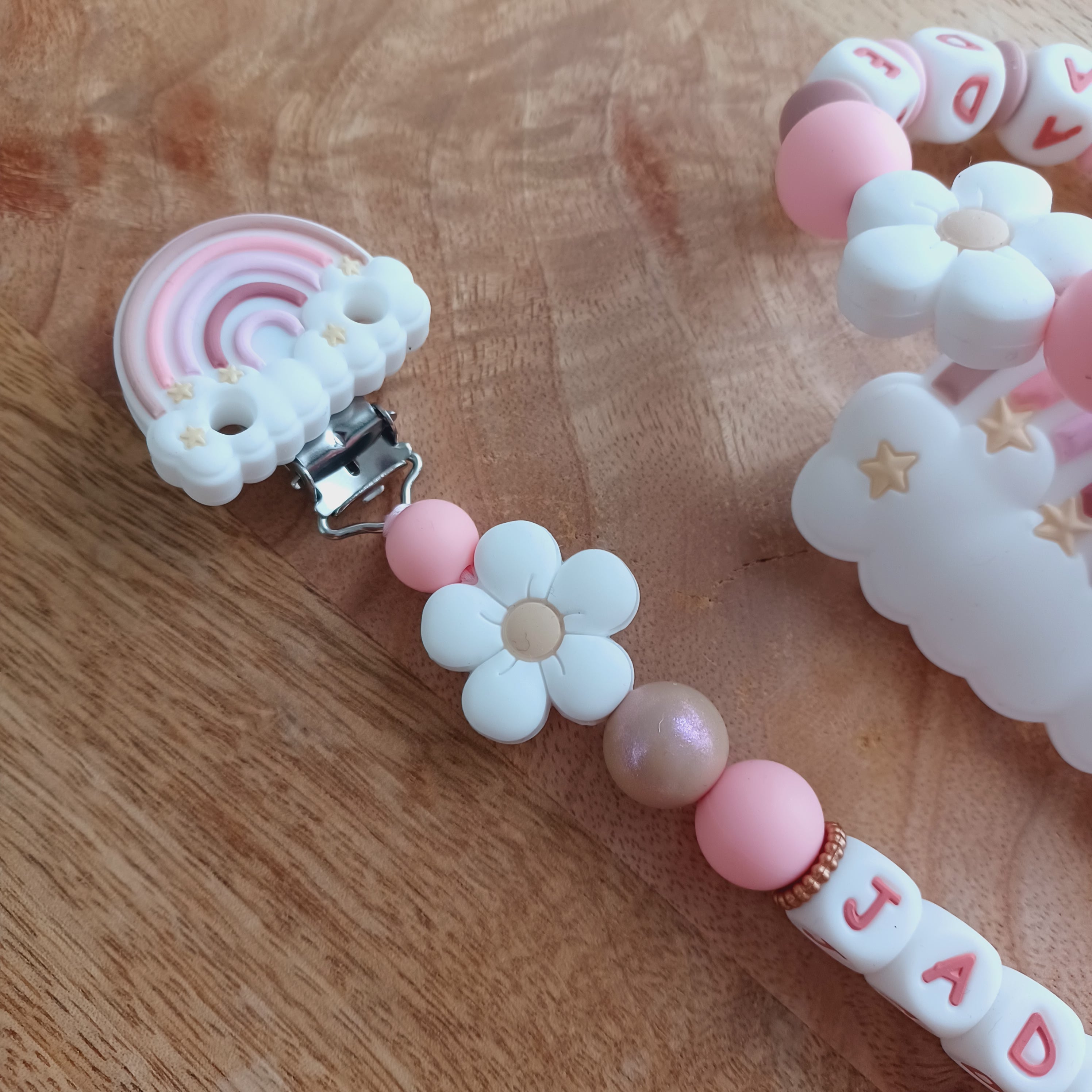 Attache tétine silicone perles imprimées, cadeau naissance, Arc en ciel Rose