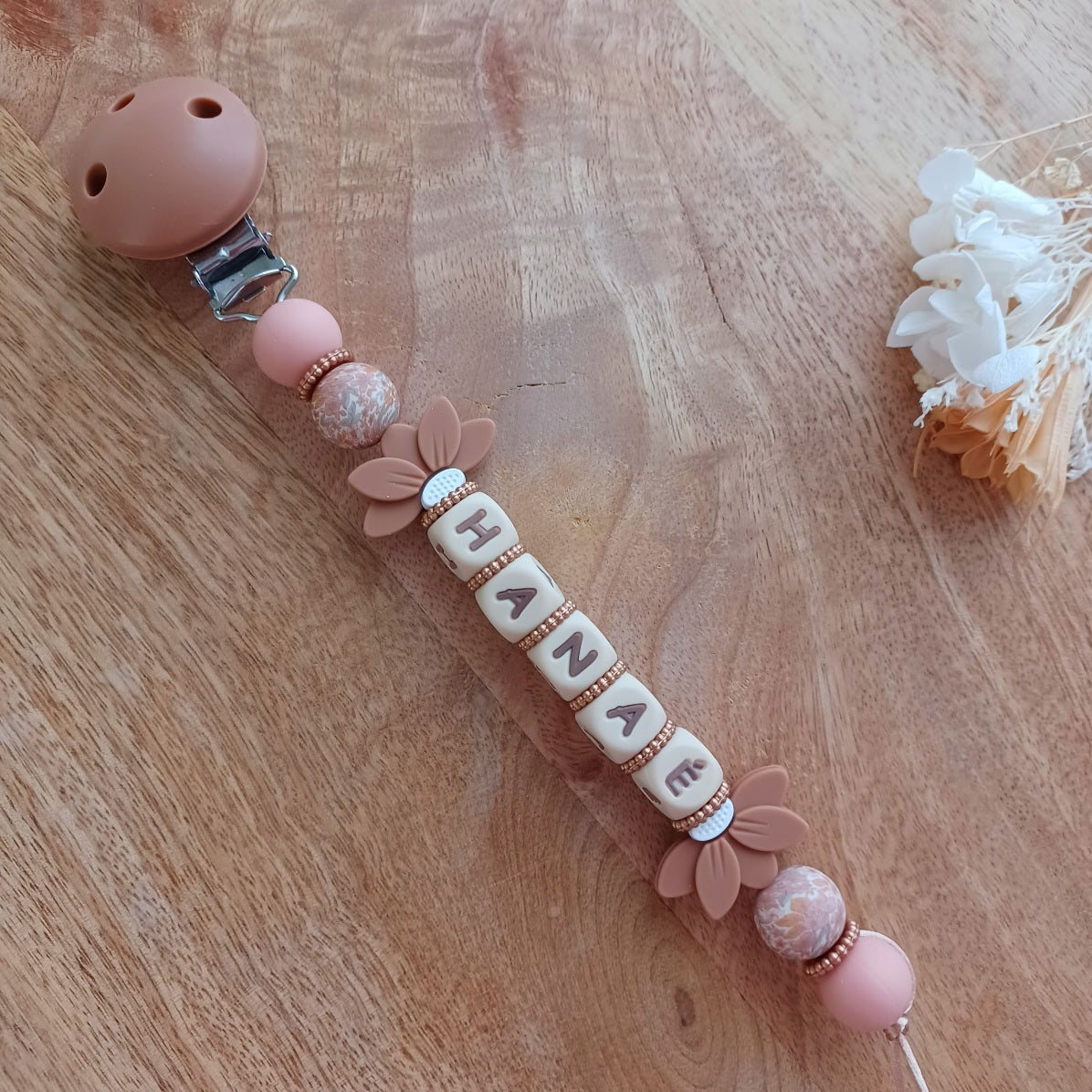 Attache tétine silicone, choco, Fleurs Liberty