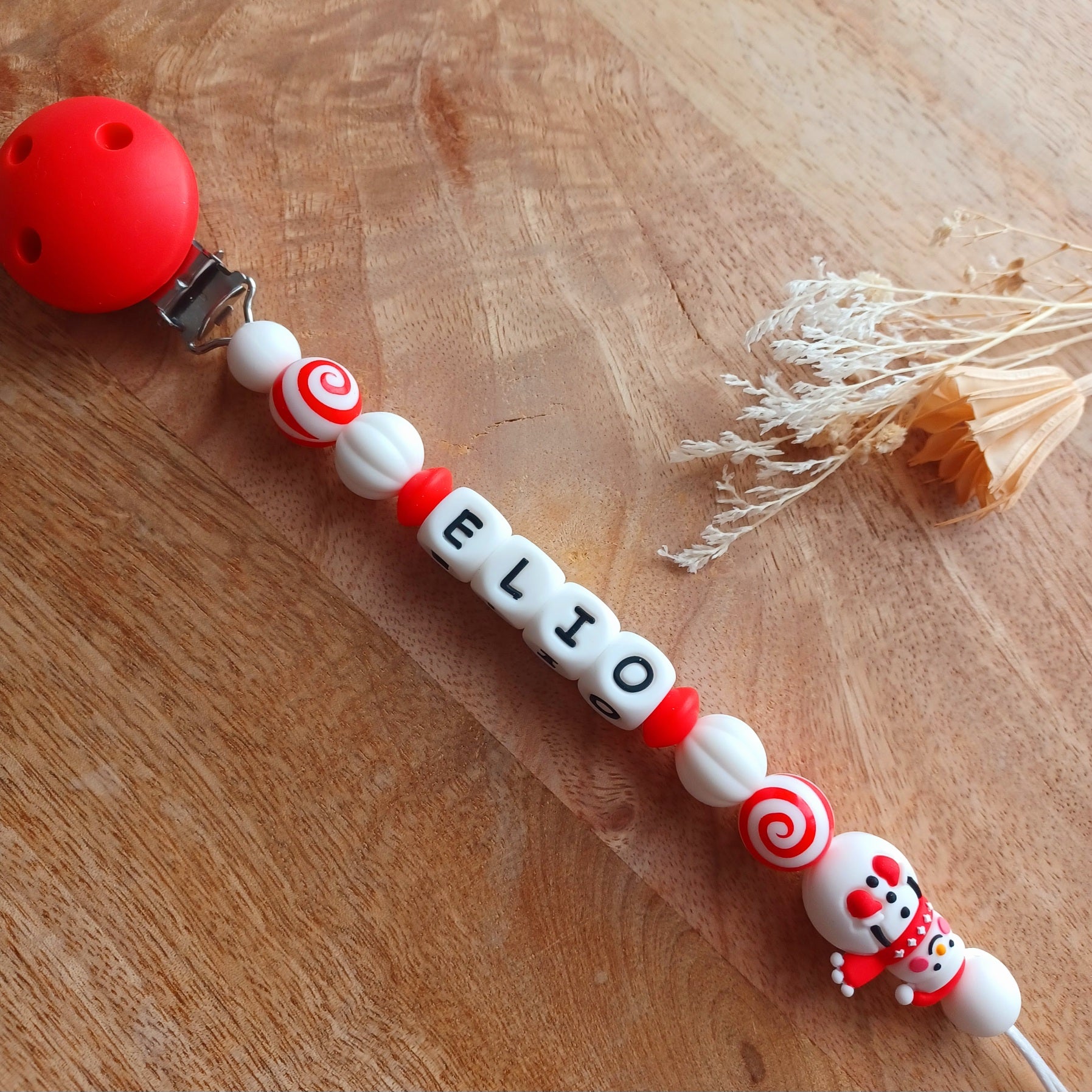 Attache tétine silicone, Boule de Neige, Noël