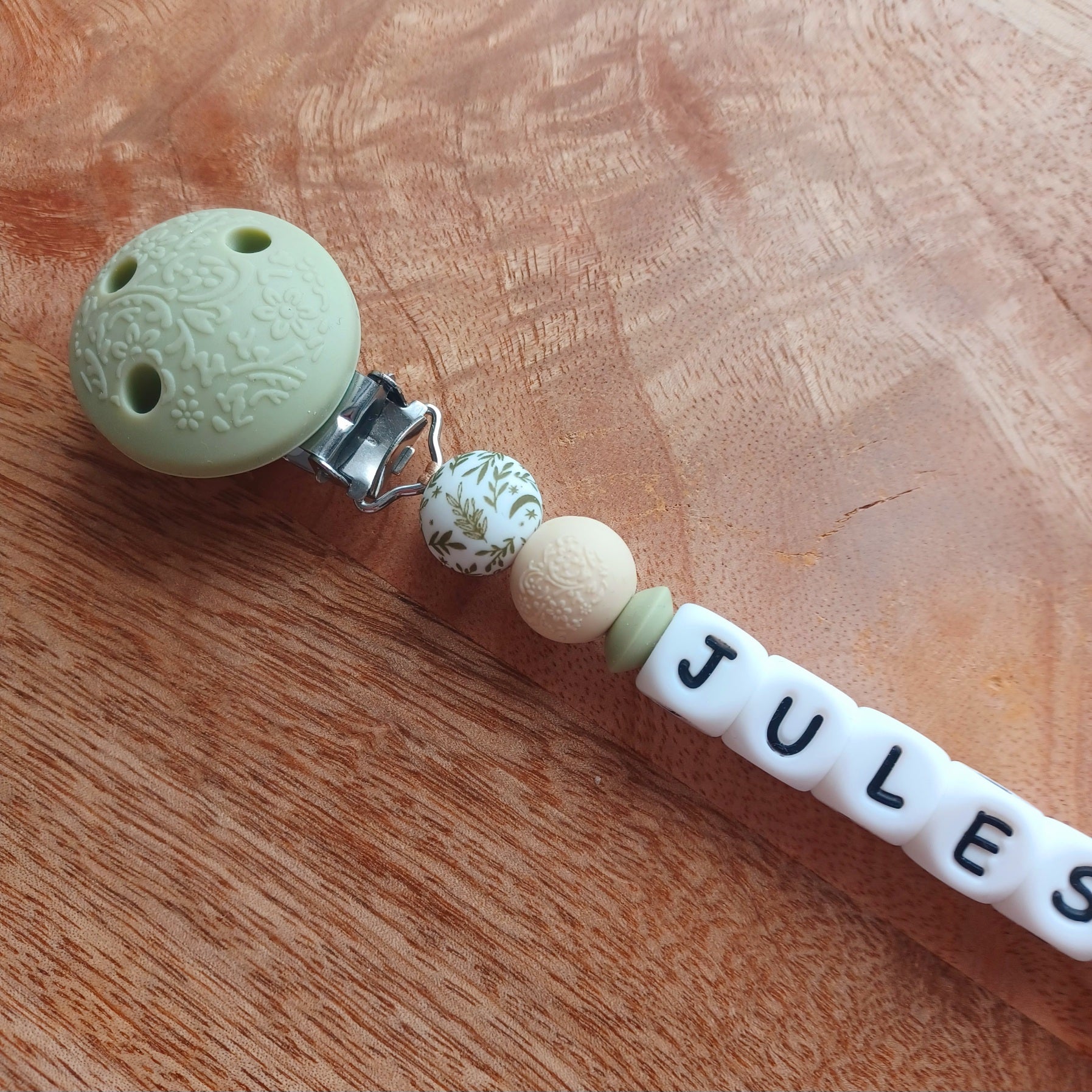 Attache tétine silicone, Tortue, perles imprimées, vert sauge, beige