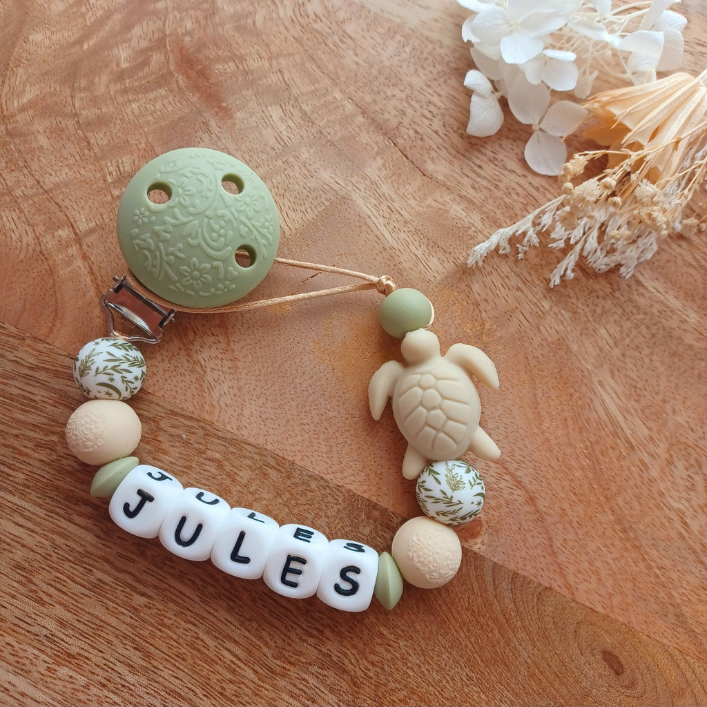 Attache tétine silicone, Tortue, perles imprimées, vert sauge, beige