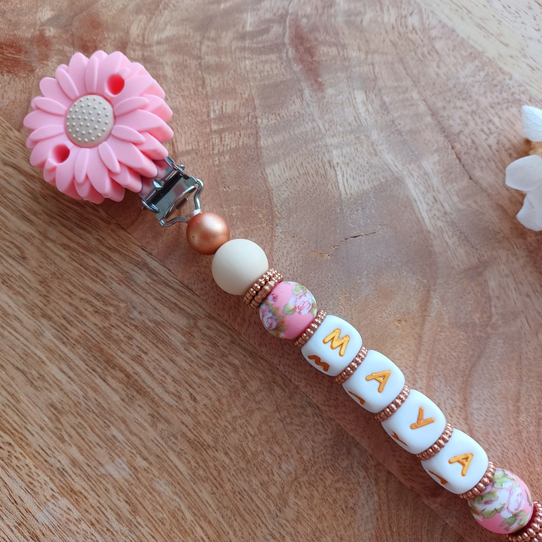 Attache tétine silicone perles imprimées, cadeau naissance, Marguerite Baby Rose