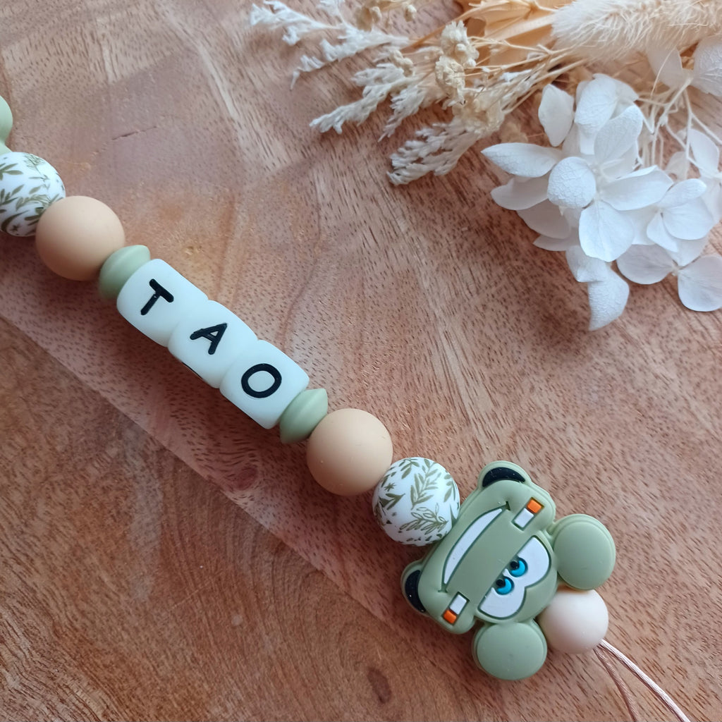 Attache tétine silicone, voiture, blanc, vert. Tao