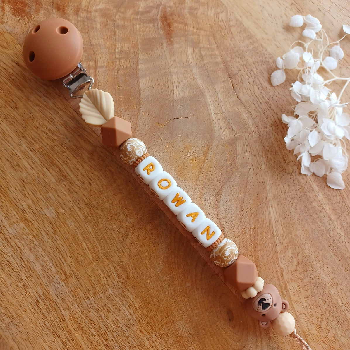 Attache tétine silicone Ours marron, crème-choco. Robin.