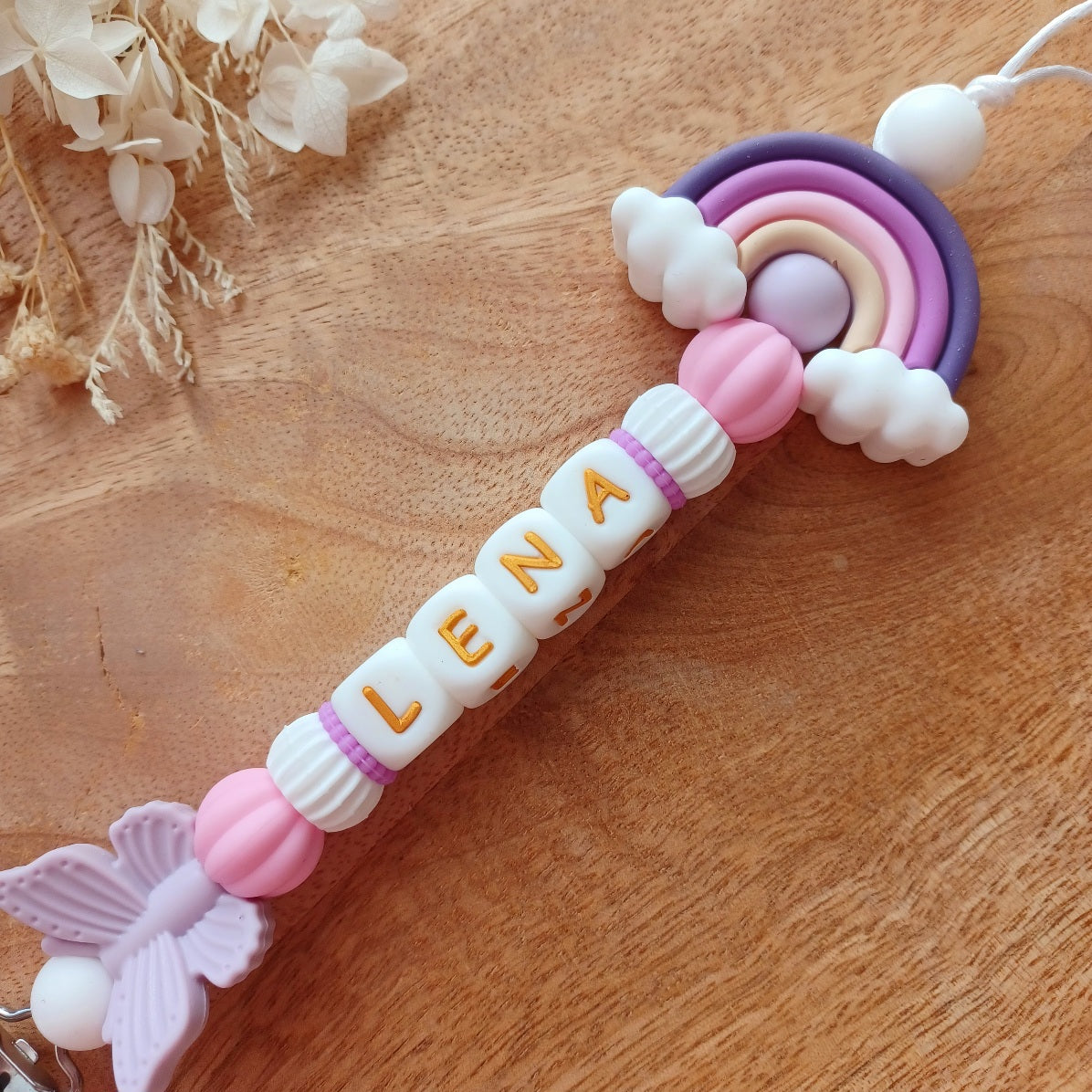 Attache tétine silicone, arc en ciel, Violet . Lena