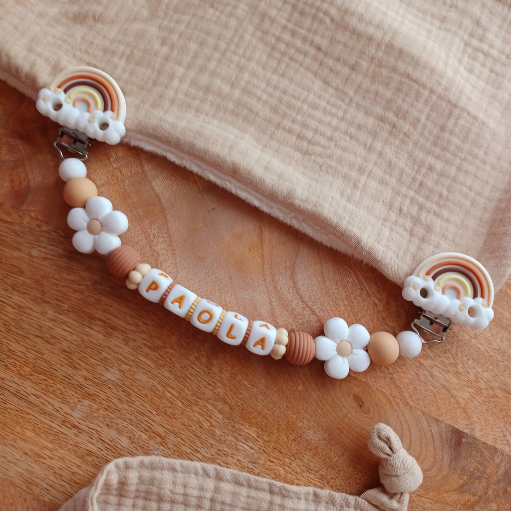 Attache doudou silicone perles imprimées, cadeau naissance, Arc en Ciel
