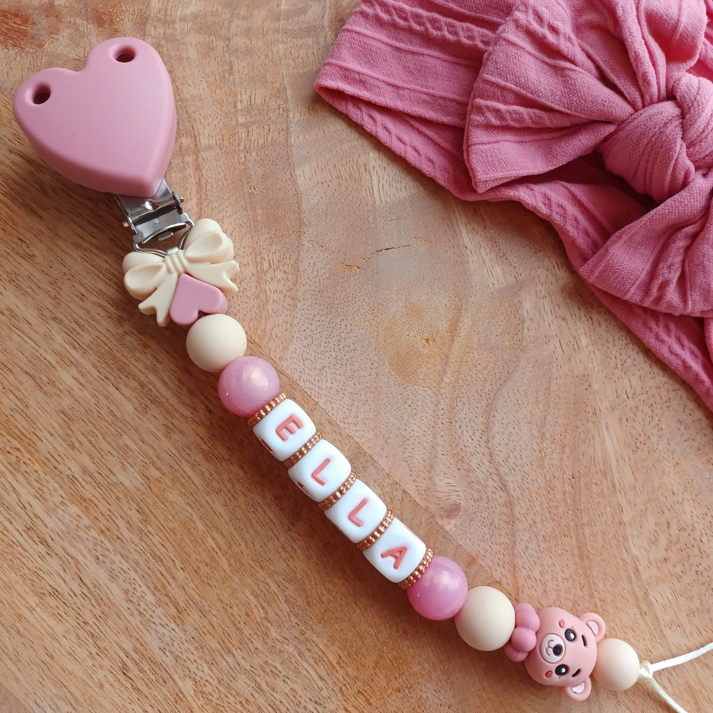 Attache-Tétine Personnalisée Prénom Bébé Rose avec Ourson en Silicone. Ella