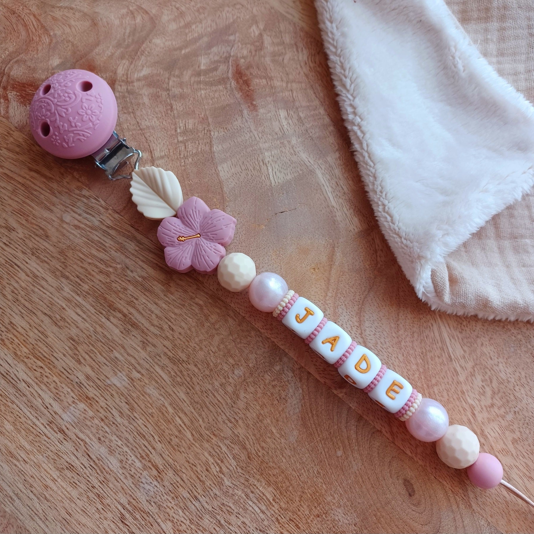 Attache tétine silicone, Fleur Hibiscus, vieux rose, beige