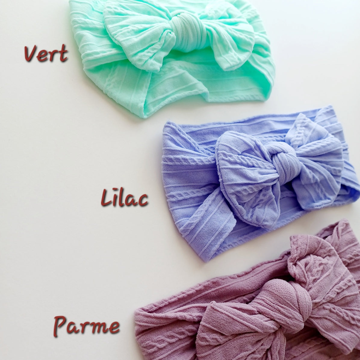 Bandeau bébé élastique avec nœud – Doux, extensible et confortable (Vert, Lilac, Parme)