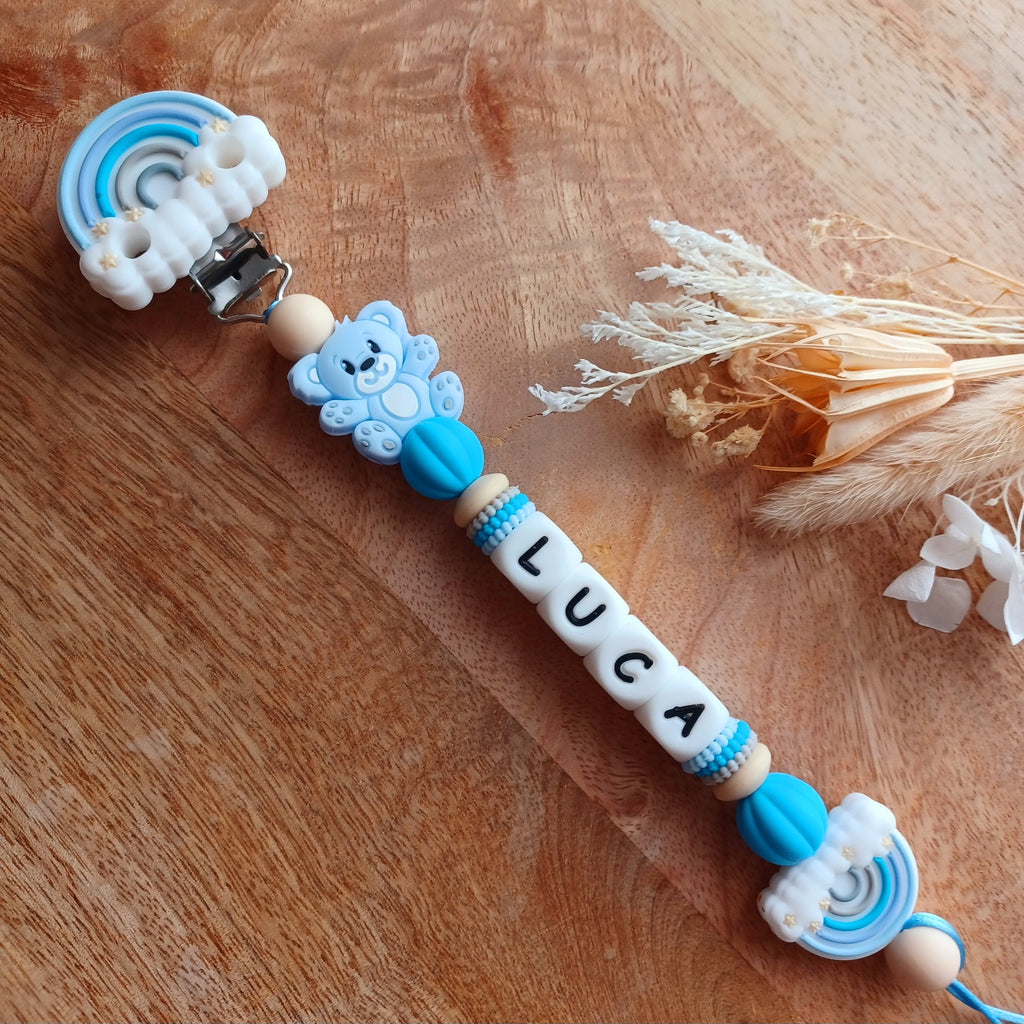 Attache tétine silicone, Arc-en-ciel, ourson, bleu ciel, beige.