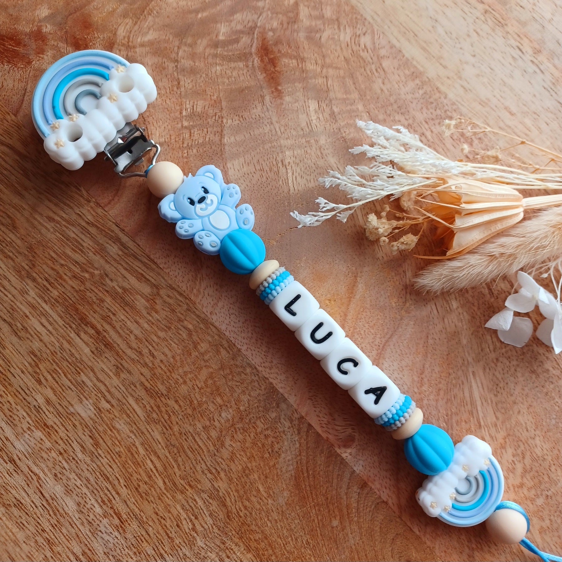 Attache tétine silicone, Arc-en-ciel, ourson, bleu ciel, beige.