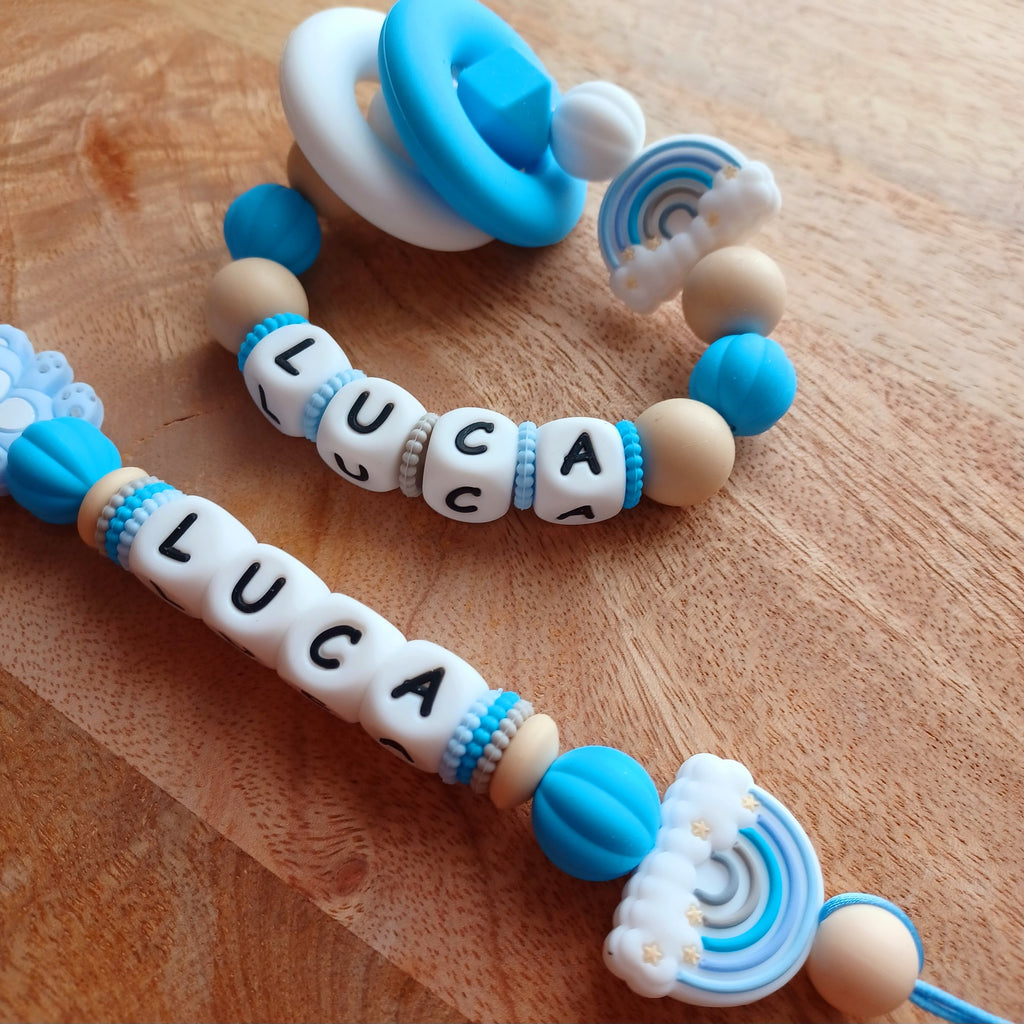 Attache tétine silicone, Arc-en-ciel, ourson, bleu ciel, beige.
