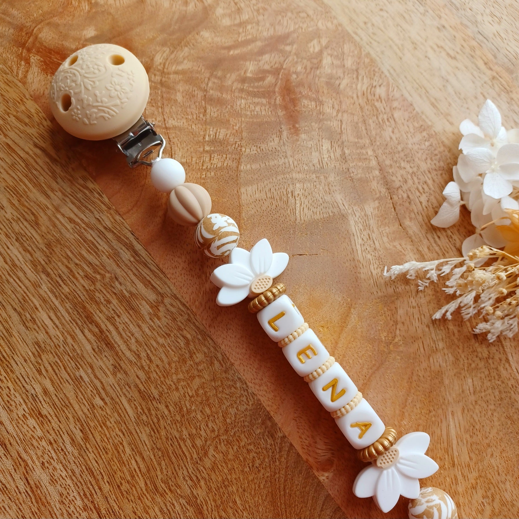 Attache tétine silicone, lotus, caramel