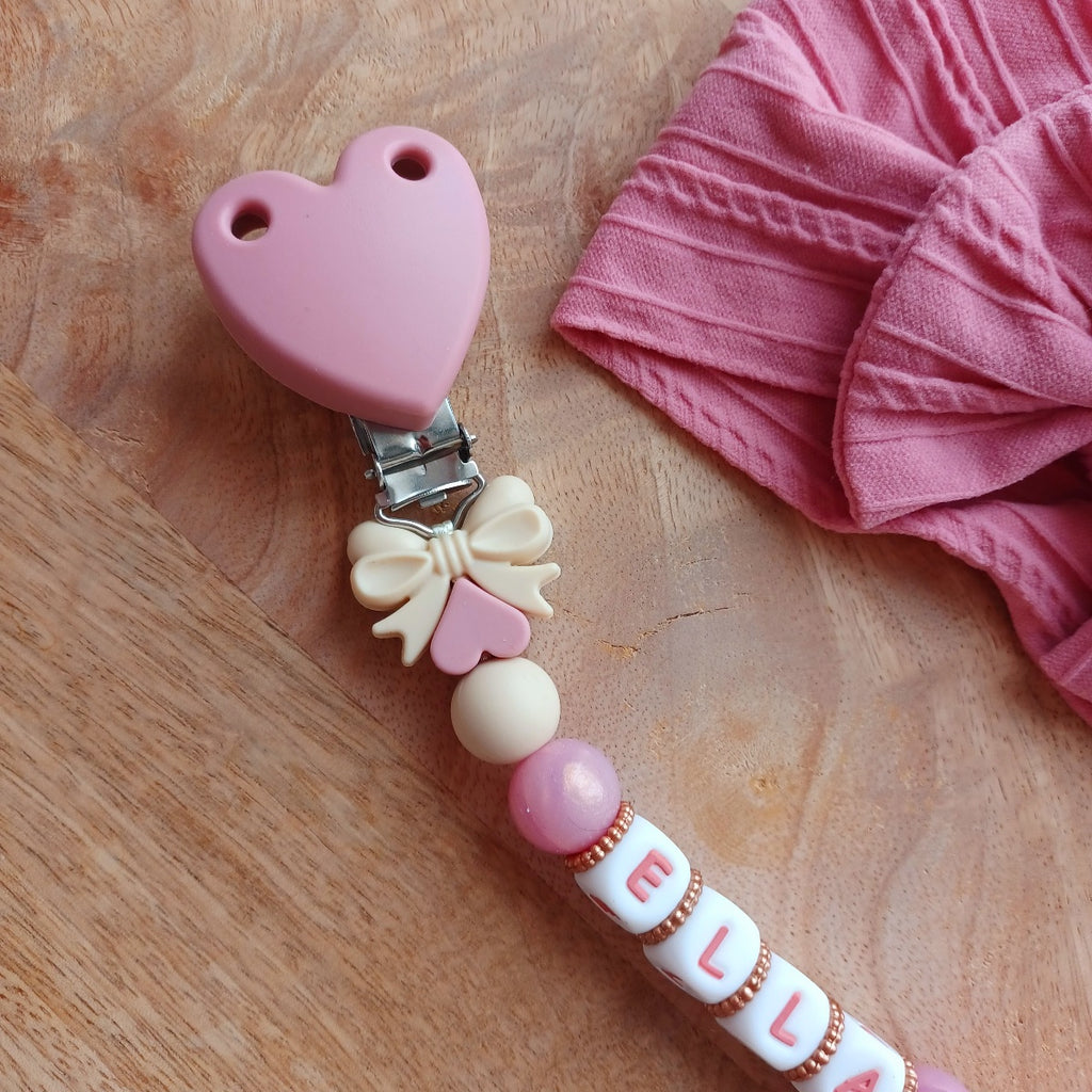 Attache-Tétine Personnalisée Prénom Bébé Rose avec Ourson en Silicone. Ella
