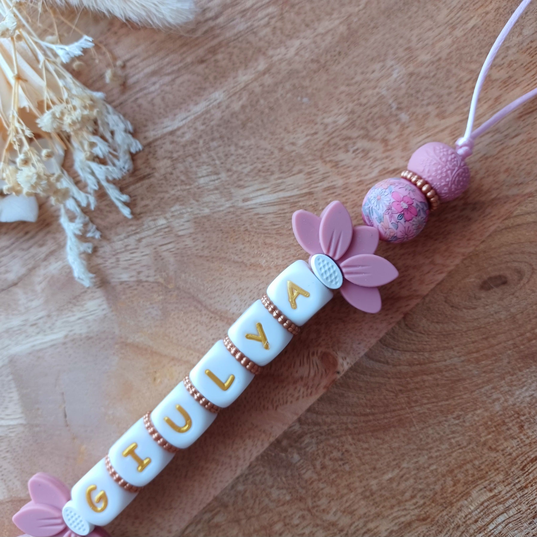 Attache tétine silicone, Arc-en-ciel, fleur rose-blanc.
