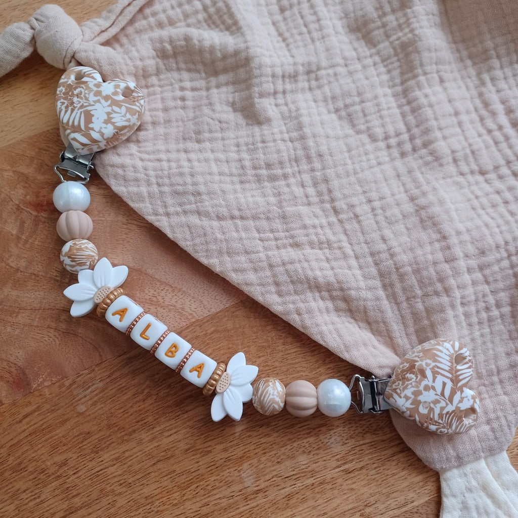 Attache doudou silicone perles imprimées, cadeau naissance, Beige-Blanc