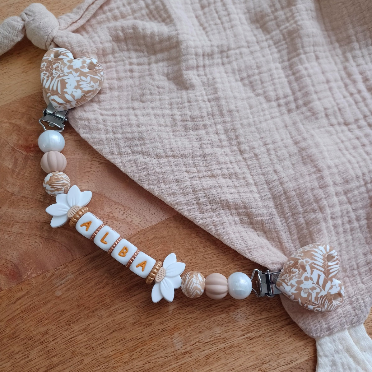 Attache doudou silicone perles imprimées, cadeau naissance, Beige-Blanc