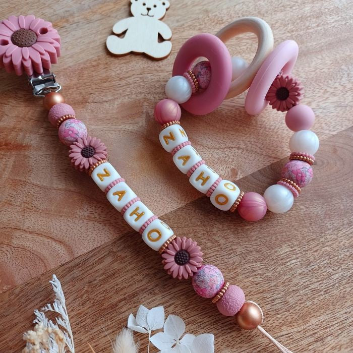 Attache tétine silicone, Marguerite, vieux rose