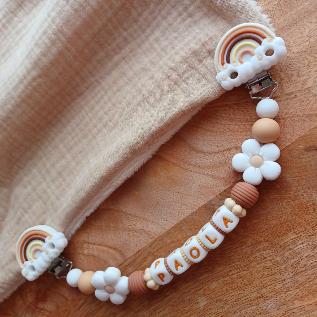 Attache doudou silicone perles imprimées, cadeau naissance, Arc en Ciel