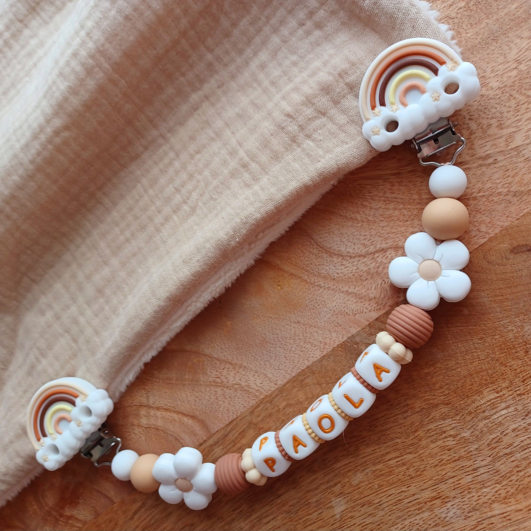 Attache doudou silicone perles imprimées, cadeau naissance, Arc en Ciel