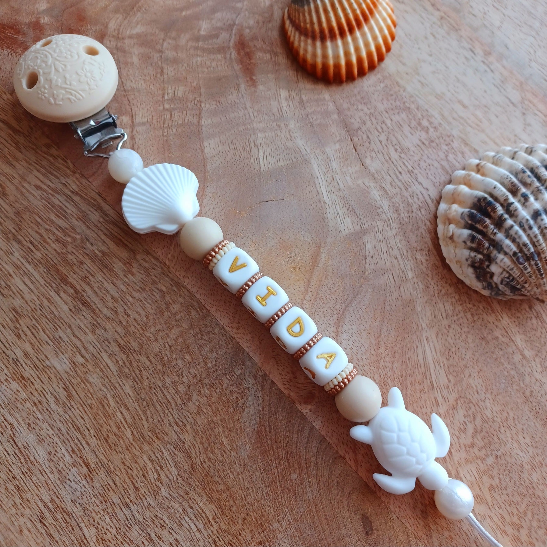 Attache tétine silicone, Tortue, coquillage, blanc, beige