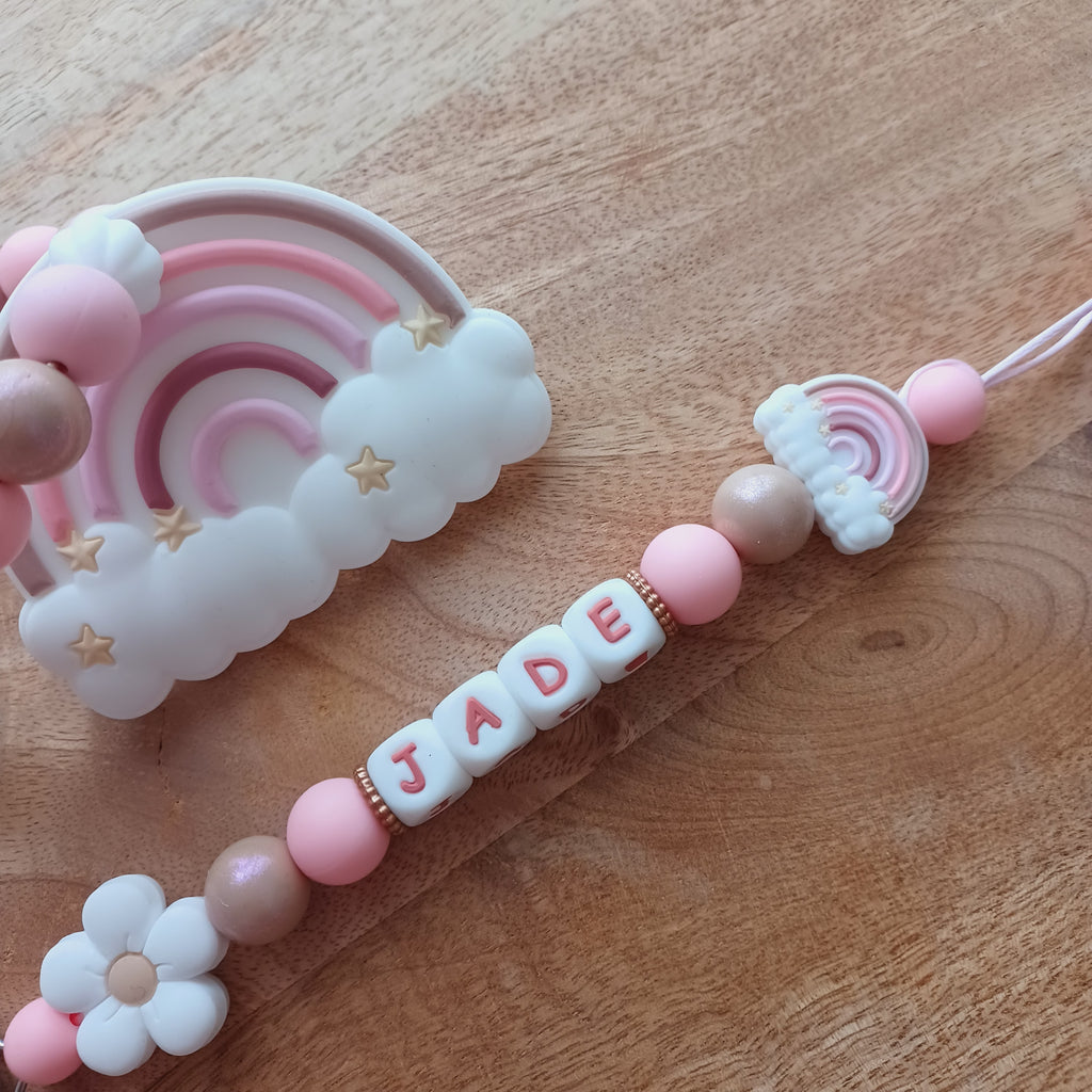 Attache tétine silicone perles imprimées, cadeau naissance, Arc en ciel Rose
