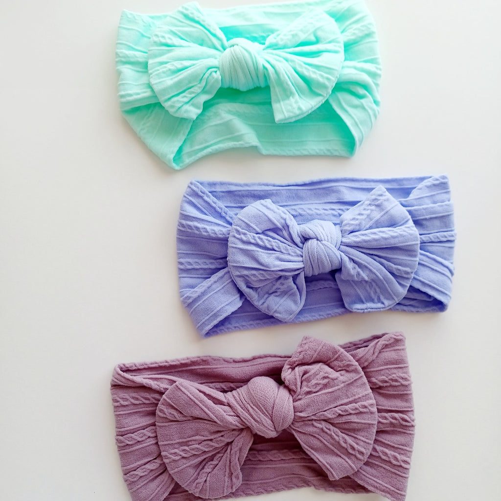Bandeau bébé élastique avec nœud – Doux, extensible et confortable (Vert, Lilac, Parme)