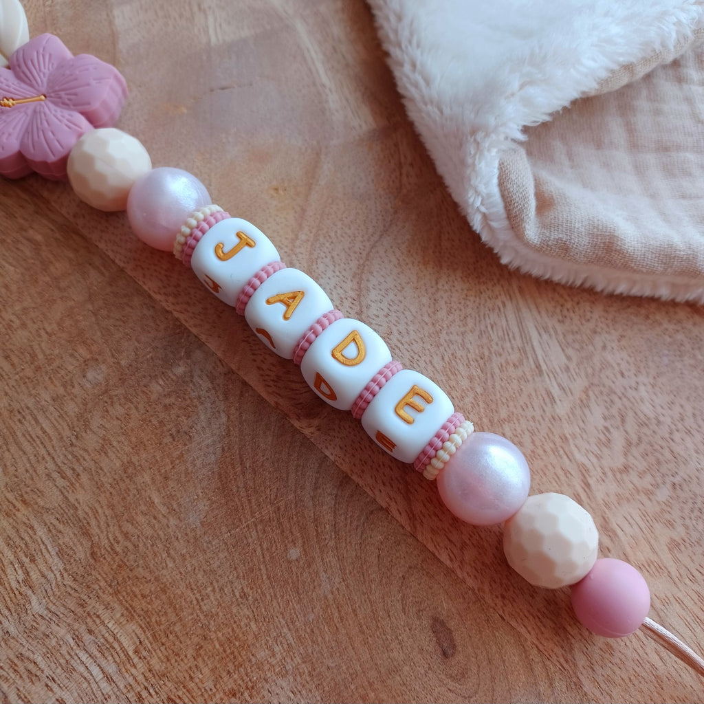 Attache tétine silicone, Fleur Hibiscus, vieux rose, beige