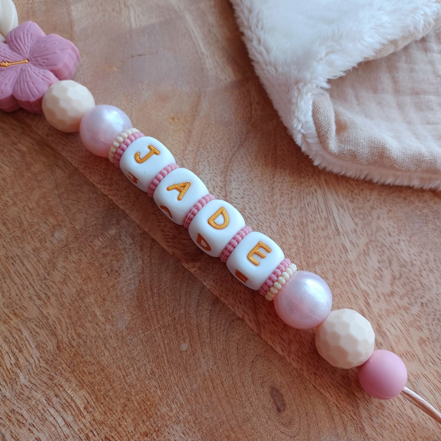 Attache tétine silicone, Fleur Hibiscus, vieux rose, beige
