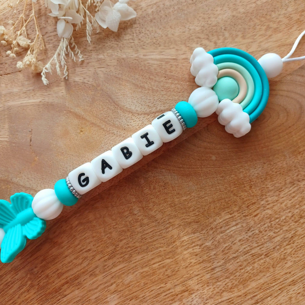 Attache tétine silicone, arc en ciel, Turquoise. Gabie