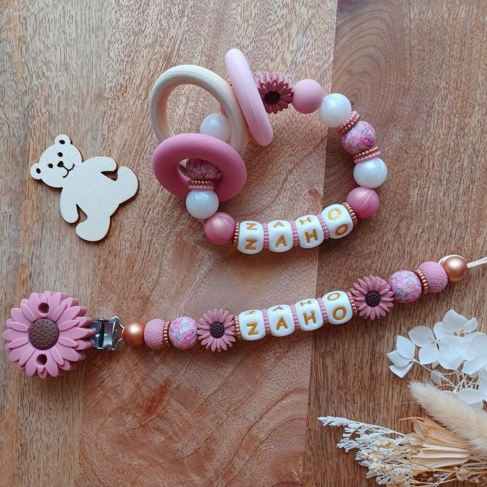 Attache tétine silicone, Marguerite, vieux rose