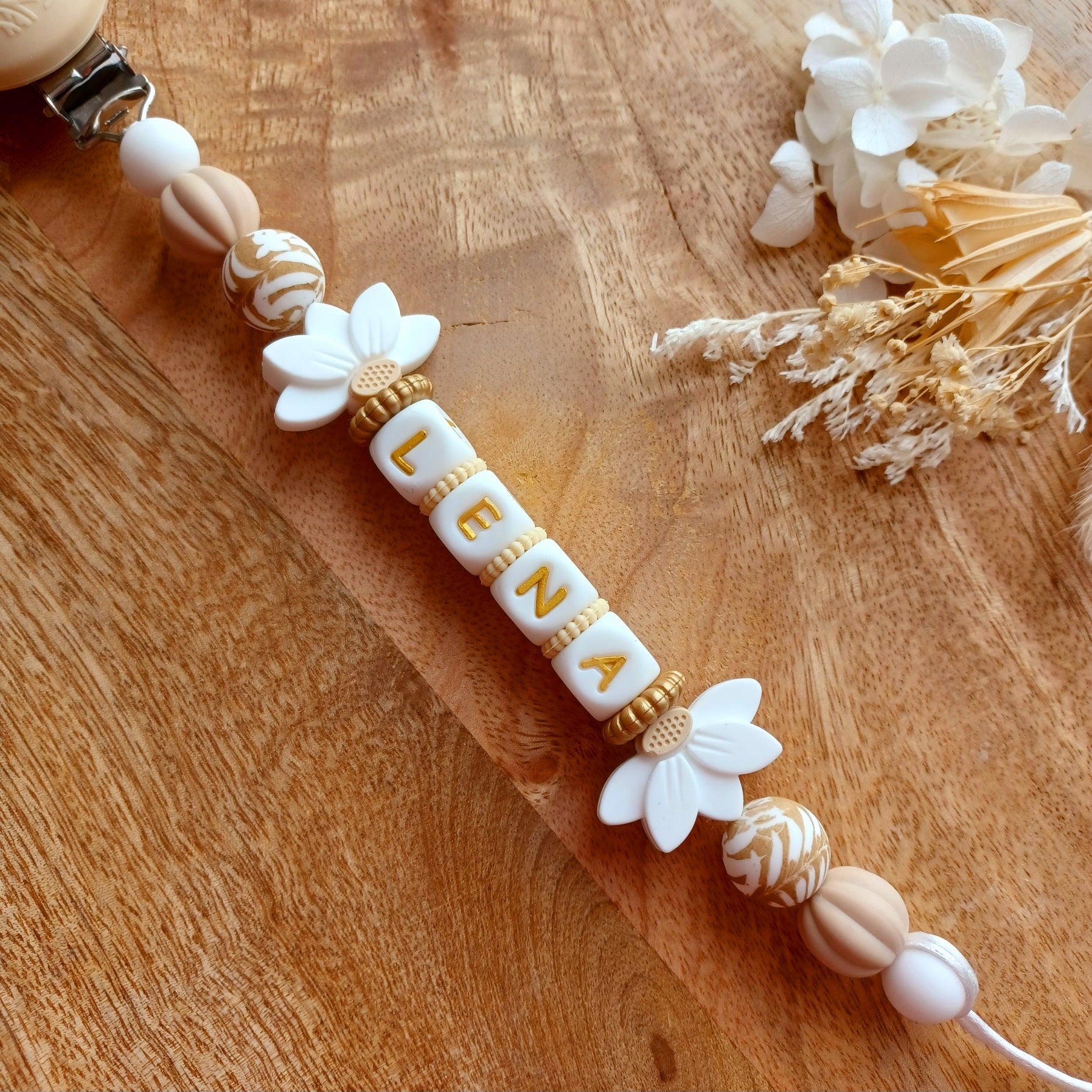 Attache tétine silicone, lotus, caramel