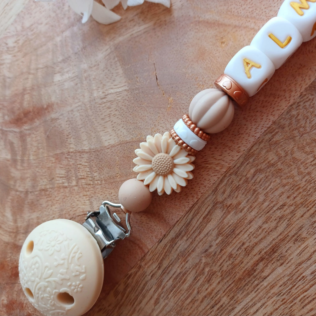 Attache tétine silicone, marguerites, caramel