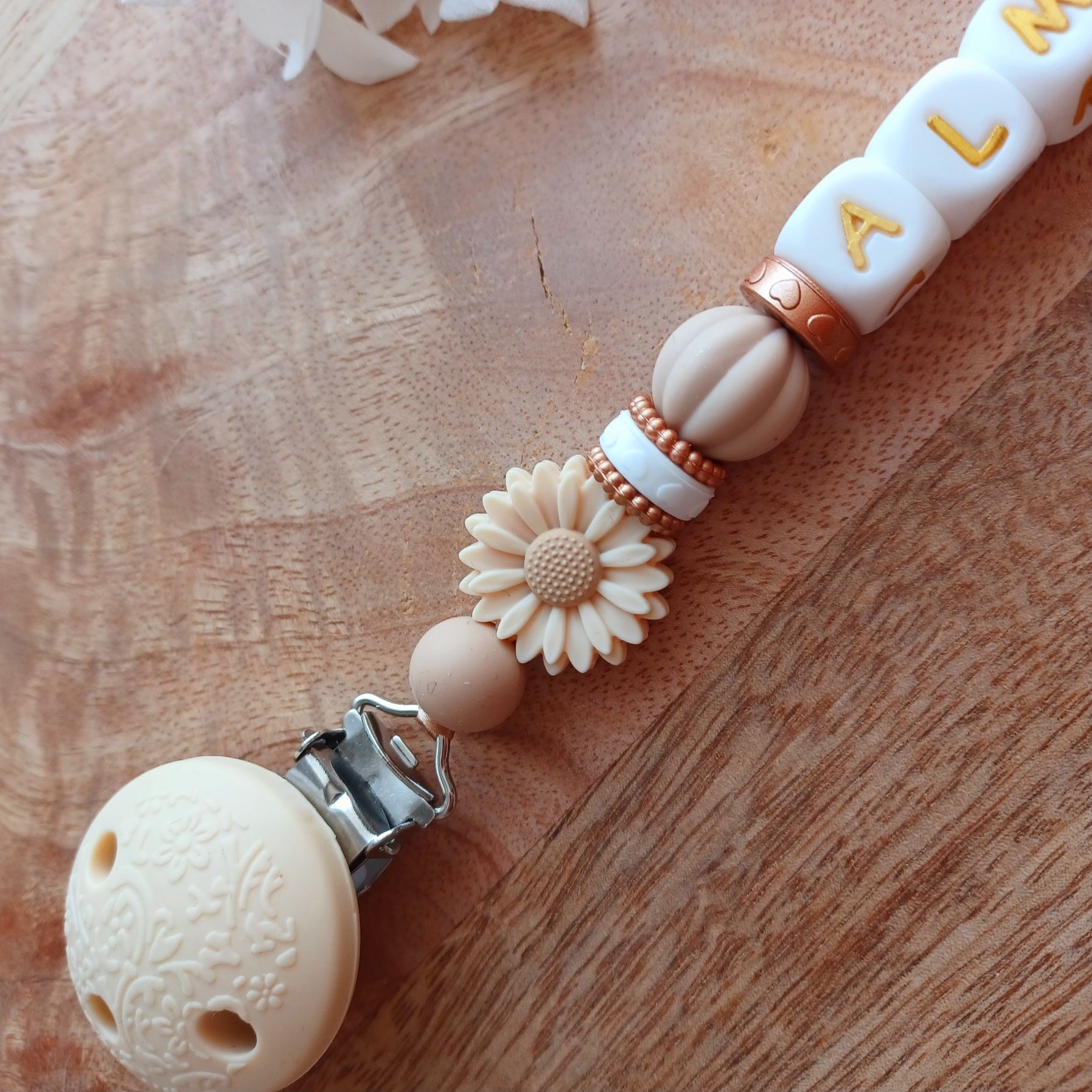 Attache tétine silicone, marguerites, caramel