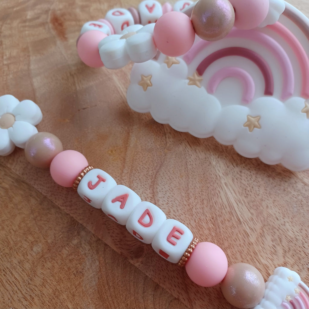 Attache tétine silicone perles imprimées, cadeau naissance, Arc en ciel Rose