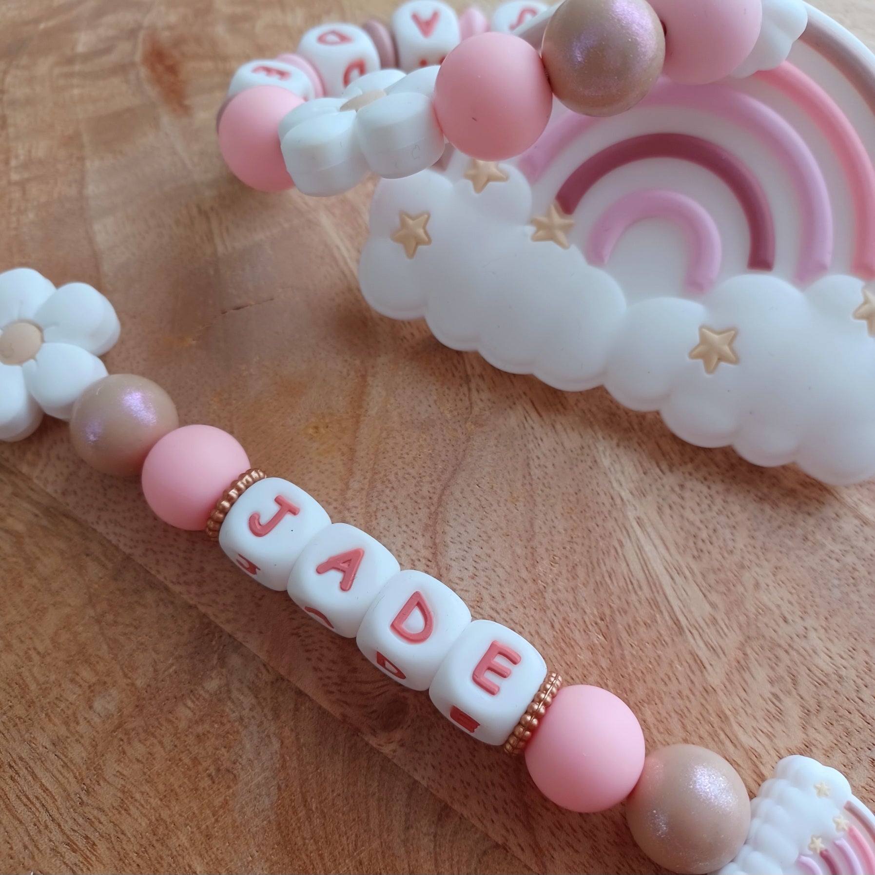 Attache tétine silicone perles imprimées, cadeau naissance, Arc en ciel Rose