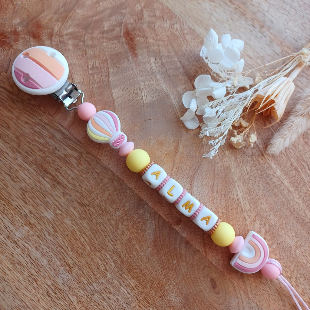 Attache tétine silicone, arc en ciel, rose, pastel. ALMA