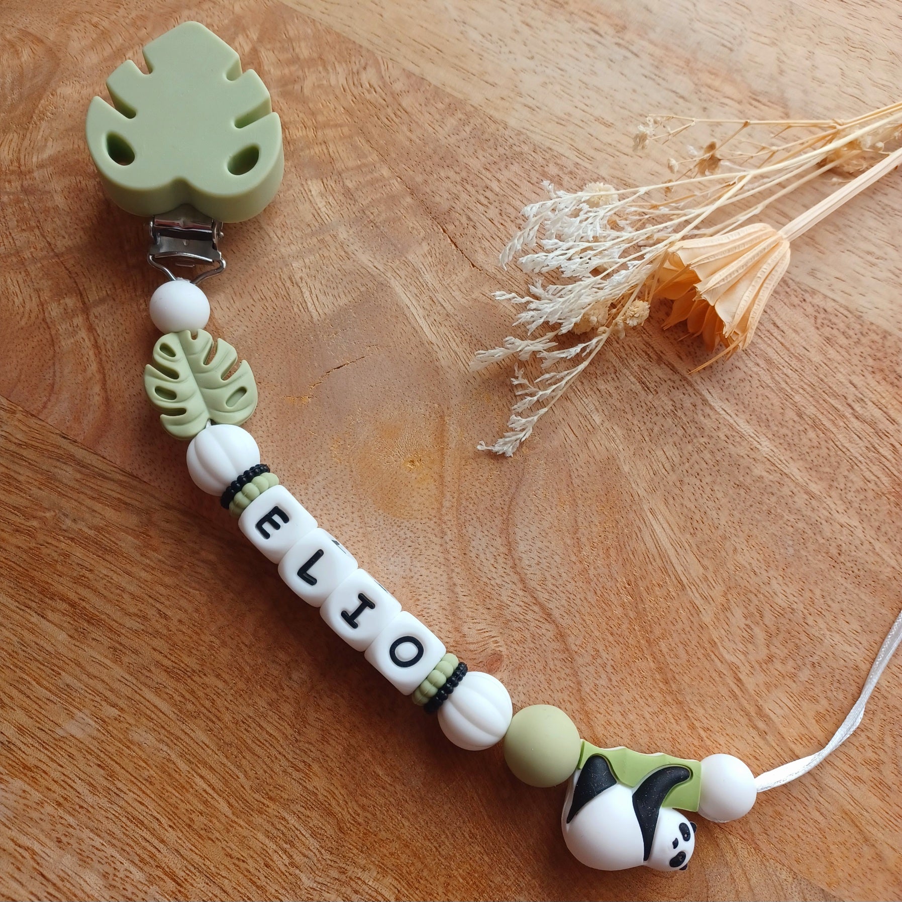 Attache tétine silicone, Panda, vert sauge
