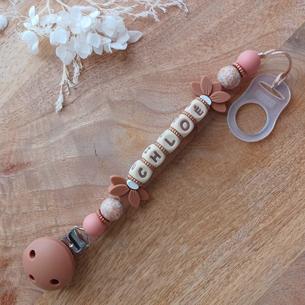 Attache tétine silicone, choco, Fleurs Liberty