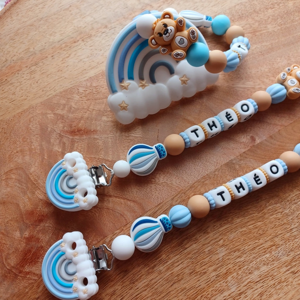 Attache tétine silicone, Arc-en-ciel, ourson beige, bleu ciel, beige. Théo