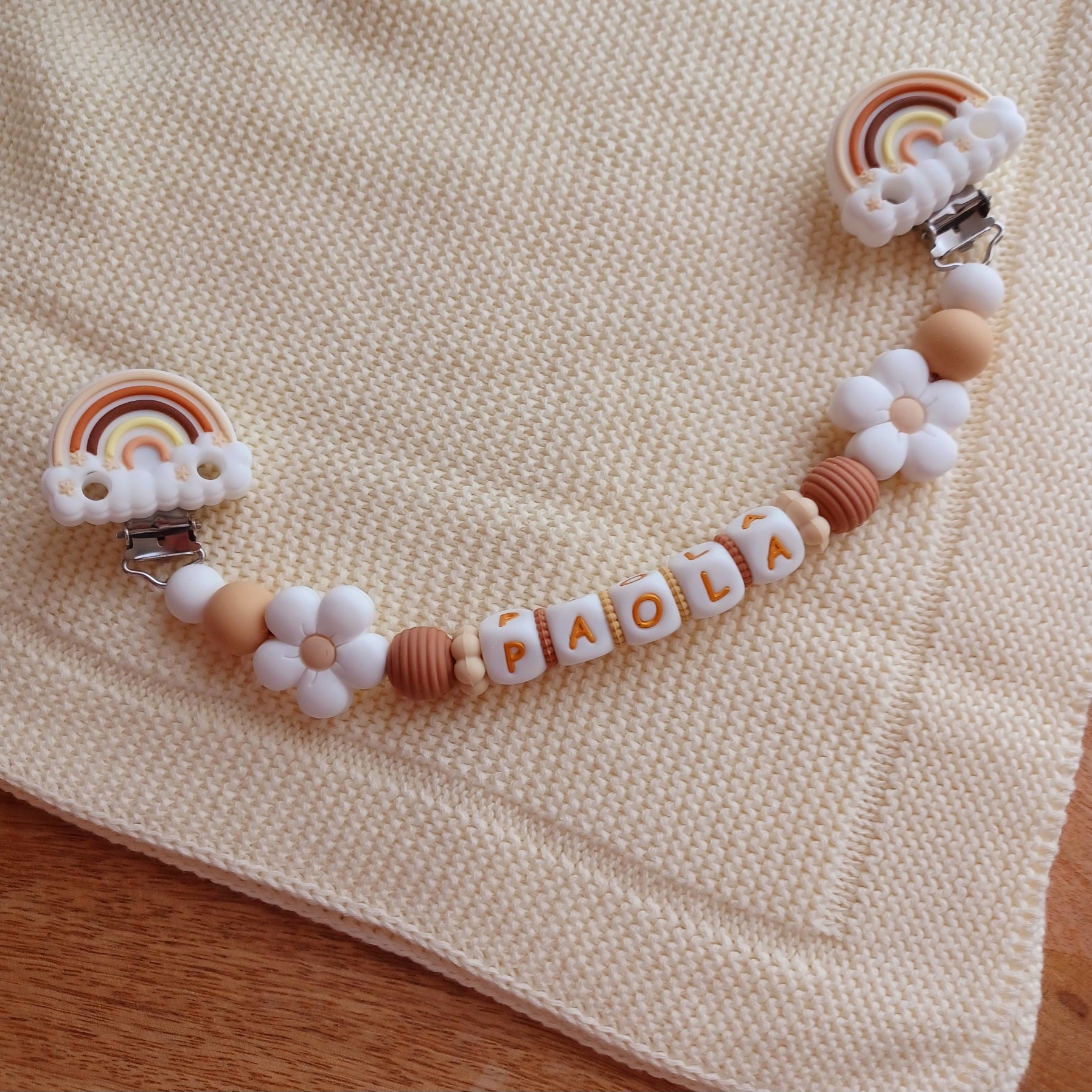 Attache doudou silicone perles imprimées, cadeau naissance, Arc en Ciel