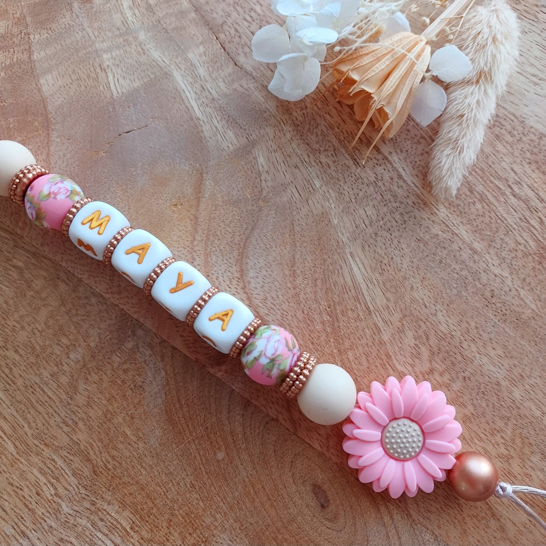 Attache tétine silicone perles imprimées, cadeau naissance, Marguerite Baby Rose